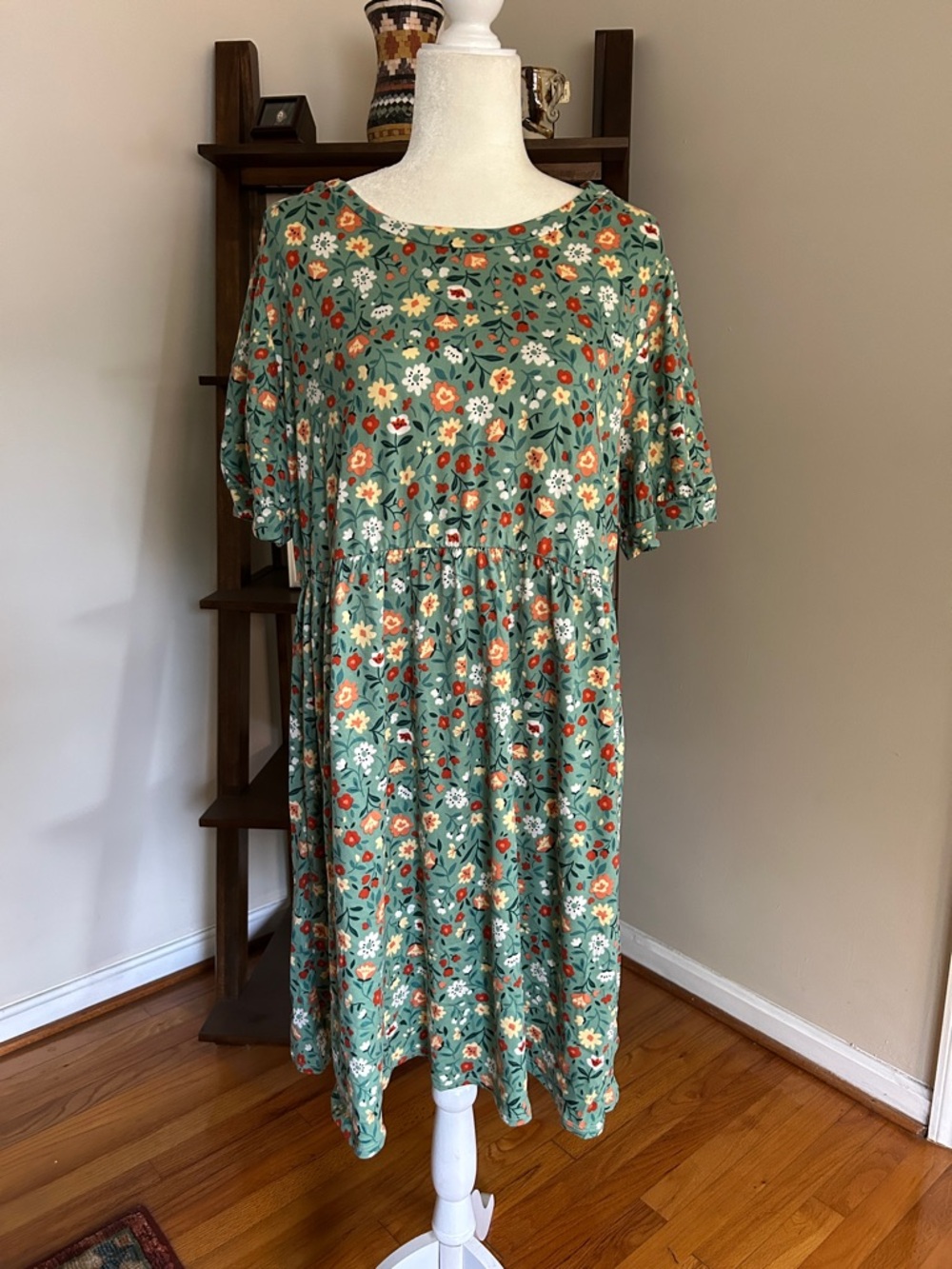 Floral Sage Green Midi Dress with Orange & White Blooms